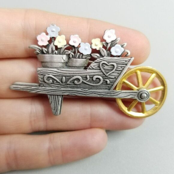 Vintage J J Flower Cart Brooch, Silver Tone with Moving Wheel Lapel Pin, Signed - Picture 1 of 7